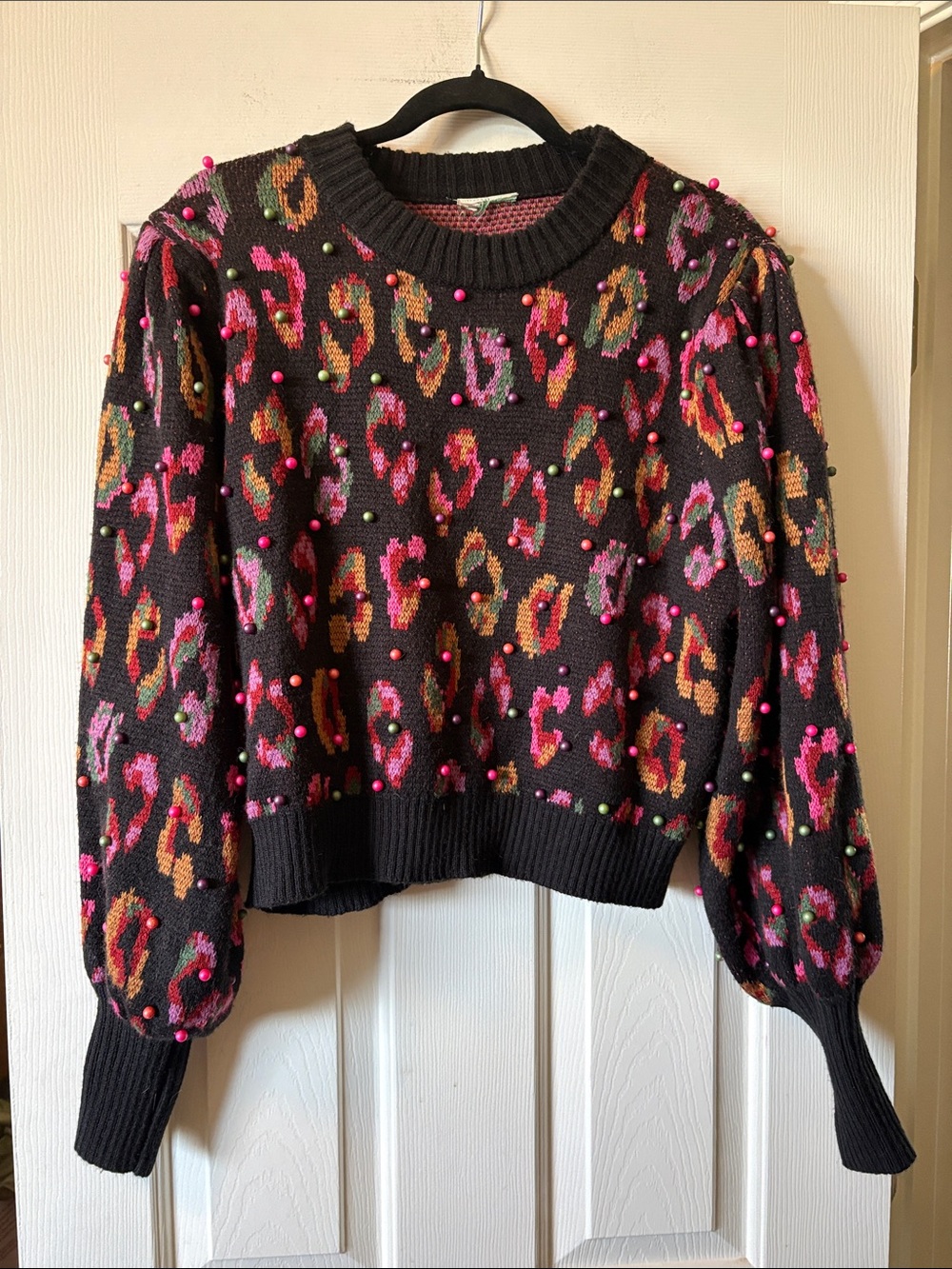 FARM Rio Black Ikat Dyed Leopard Ball Sweater size L - Picture 6 of 11